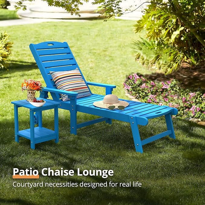 LUE BONA Chaise Lounge Chair with Table, 6-Piece, HDPS Chaise Lounger, 5 Positions Adjustable Lounge Chairs, Pool Lounge Chair with Wheels for Poolside, Backyard, Blue