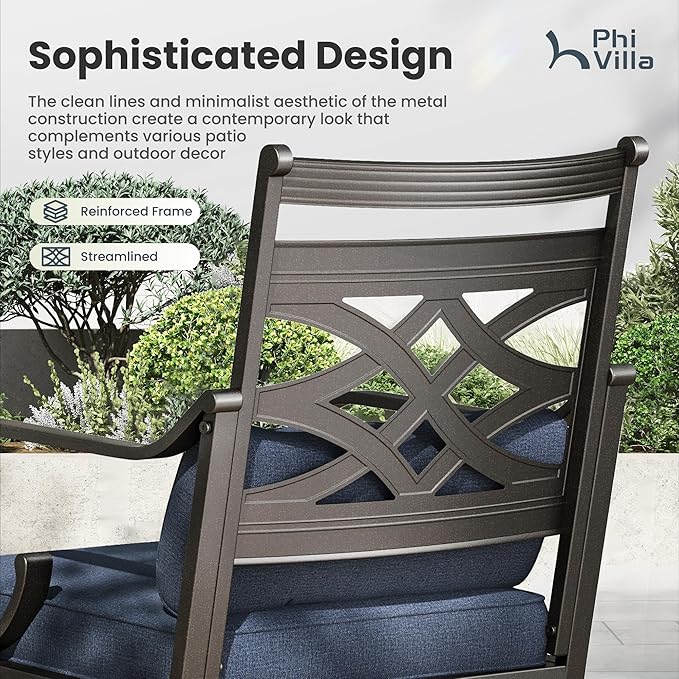 PHI VILLA 5 Pieces Outdoor Dining Set for 4, 37" Square Metal Table with Umbrella Hole & Wrought Iron Chairs, All Weather Large Outside Furniture with Blue Cushions & Pillows for Patio, Deck, Porch