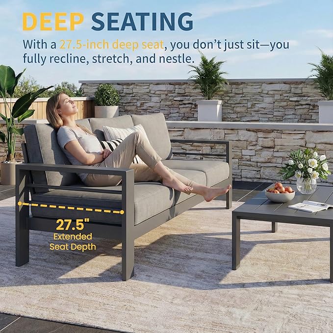 Solaste Aluminum Patio Furniture Set for All Weather, Oversized Metal Outdoor Furniture Set with 27.5" Deep Seating and 3.2" WIde Armrest, Outdoor Patio Conversation Sets with 10’’ Back Suport Cushion