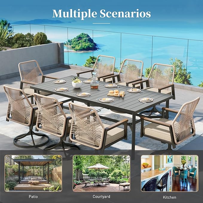 Patio Dining Set 9 Piece, 8 x Woven Rattan Swivel Chairs with Waterproof Cushion, 60" Square Wood-Like Metal Table with Umbrella Hole, Outdoor Table and Chairs Set for Backyard Lawn and Deck, Beige