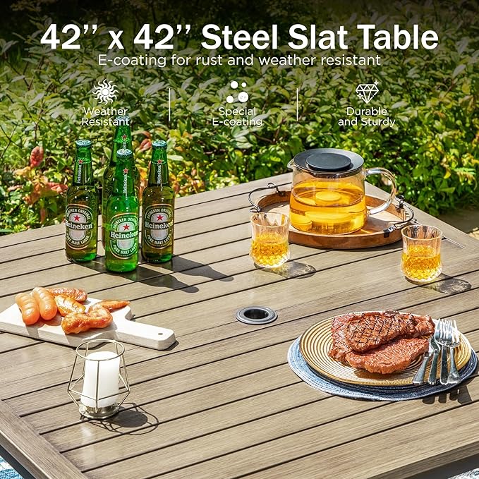 PHI VILLA Outdoor Patio Table, Square Metal Steel Slat Table with 1.57”- 1.9” Adjustable Umbrella Hole, Weather-Resistant Outdoor Dining Table for Garden Deck, 42" x 42" x 28.7", Brown