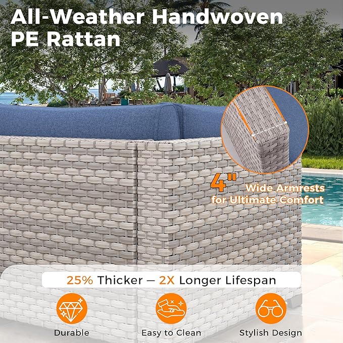 8-Seat Modern Patio Furniture Set with Swivel Rocking Chairs, Thick 4″ Cushions, Dual-Strand Wicker Rattan, Rust-Resistant Steel Frame – Outdoor Conversation & Modular Sectional,Navy