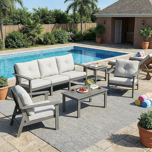 7-Piece HDPE Patio Furniture Set, Outdoor Sectional Sofa Set,All Weather Outdoor Couch with Dust-Free Cushions, Durable Patio Conversation Sets for Balcony, Porch, Gray