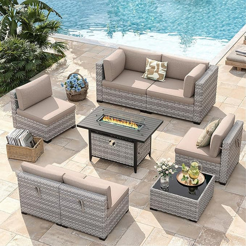 6-Seat Modern Outdoor Wicker Rattan Patio Furniture Set with 55,000 BTU Fire Pit Table, Thick 4″ Cushions, All-Weather Dual-Strand Rattan, Rust-Resistant Steel Frame,Beige