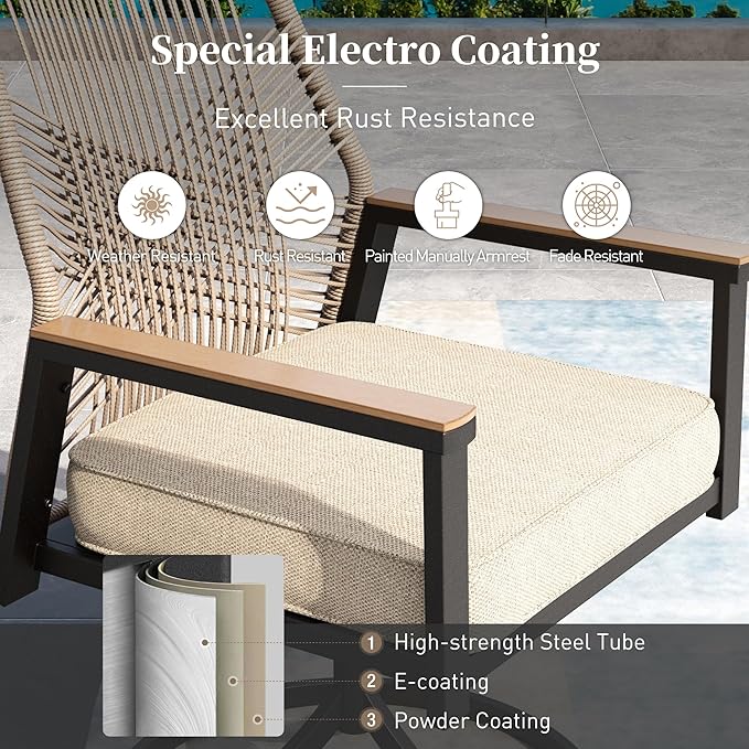 Patio Dining Set 9 Piece, 8 x Woven Rattan Swivel Chairs with Waterproof Cushion, 83" Rectangular Metal Dining Table with Umbrella Hole, Outdoor Table and Chairs Set for Backyard Lawn and Deck, Beige