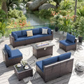 ALAULM 10 Pieces Patio Furniture Set with Propane Fire Pit Table Outdoor Sectional Sofa Sets Patio Furniture 43" Gas Fire Pit Brown PE Rattan Patio Conversation Set w/8 Seat Cushions (Deep Blue)