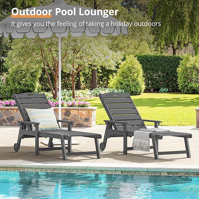 LUE BONA Chaise Lounge Chair with Table, 2-Piece, HDPS Chaise Lounger, 5 Positions Adjustable Lounge Chairs, Pool Lounge Chair with Wheels for Poolside, Backyard, Dark Gray