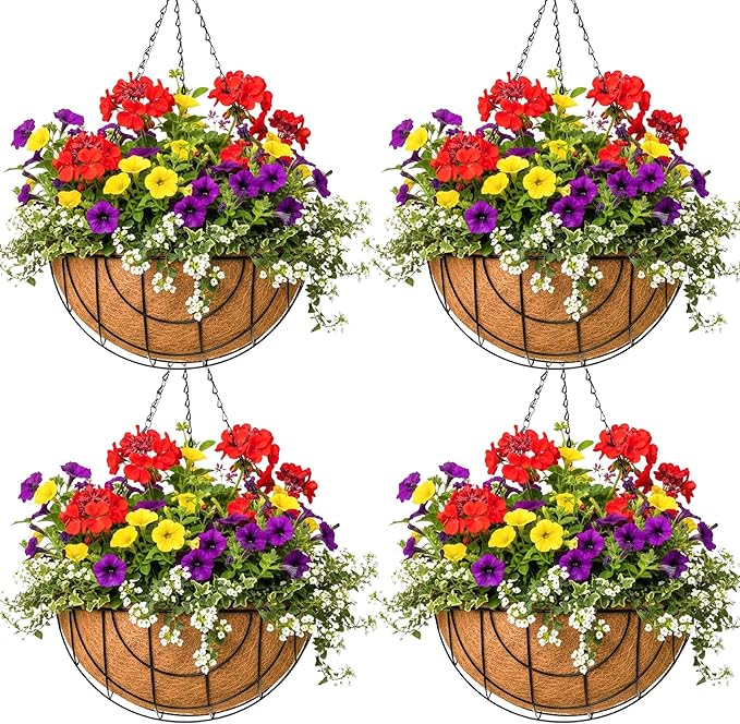 Metal Hanging Baskets for Plants Outdoor 4 Pack Round Metal Wire Hanging Basket Planter (Grid, 10 Inch)