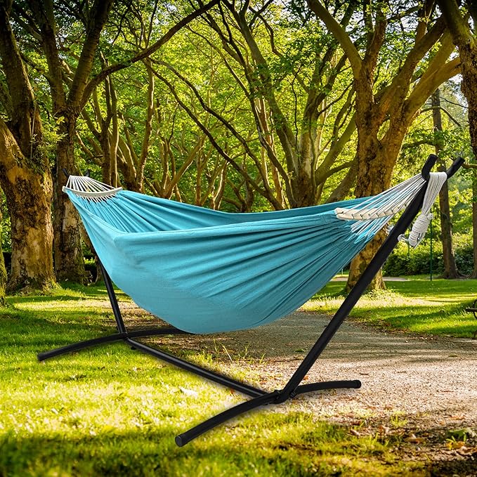 SZHLUX Double Hammock with Stand Included 450lb Capacity Steel Stand, Premium Carry Bag Included.Indoor Outdoor Brazilian-Style Cotton Bed for Backyard, Camping,Garden