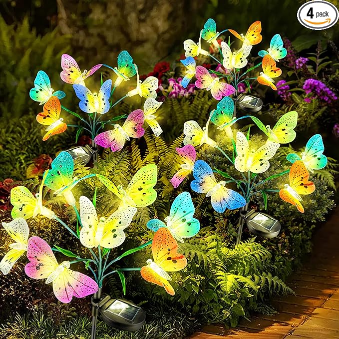 Anordsem Solar Garden Lights Outdoor: 8 Removable Fiber Optic Fabric Butterflies 4 Pack - Waterproof Fun Animal Decoration for Yard Patio - Gardening Gifts for Garden Lovers