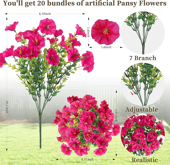 20PCS Artificial Fake Flowers for Outdoors/Indoors, Faux Silk Colorful Morning Glory with Eucalyptus, UV Resistant Realistic Floral Arrangement for Garden Porch Window Box Home Balcony Yard (5 Colors)