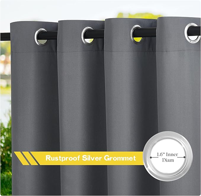 NICETOWN Canvas Patio Curtains Outdoor Waterproof Set of 2, Windproof Thermal Insulated Stainless Steel Top and Bottom Grommet Outdoor Drapes Keep Rain Out for Gazebo/Playground, W55 x L95 Inch