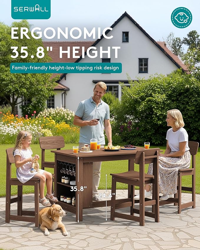 SERWALL 3-Piece Outdoor Counter Height Bar Set, HDPE Patio Bar Table with Wine Rack & Storage Shelf, 2 All-Weather Bar Stools, Patio Bar Dining Furniture Set for 3, Brown