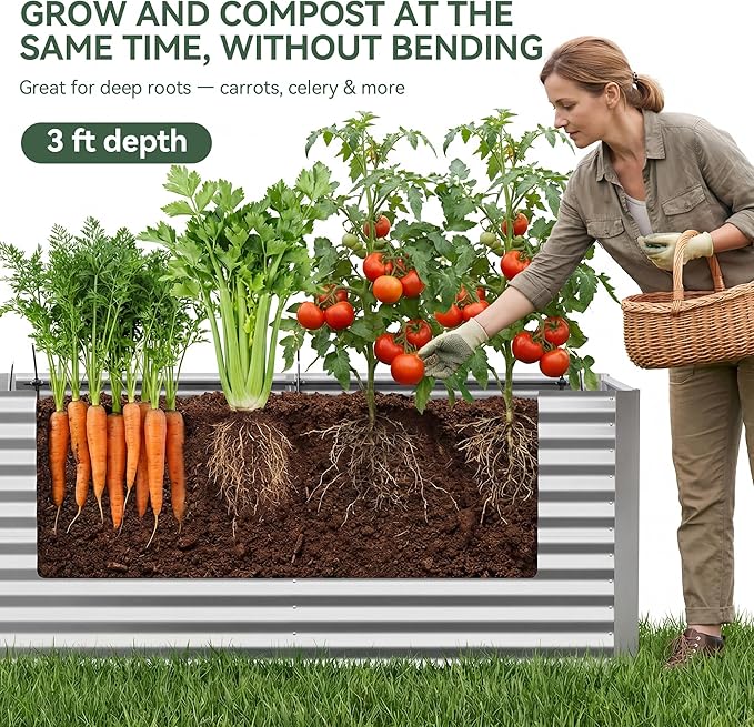 8x4x3 ft Tall Galvanized Raised Garden Bed with Self-Watering System, Elevated Planter Boxes Outdoor with Mesh Cover, Rectangular Deep Raised Beds for Gardening,Vegetables,Flower, Backyard, Patio
