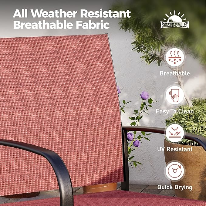 5 Piece Patio Dining Set for 4, 37”x37” Square Table with Umbrella Hole, 4 Metal Red Chairs, Outdoor Table and Chairs Set for Lawn Backyard and Deck