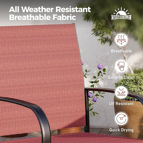 5 Piece Patio Dining Set for 4, 37”x37” Square Table with Umbrella Hole, 4 Metal Red Chairs, Outdoor Table and Chairs Set for Lawn Backyard and Deck