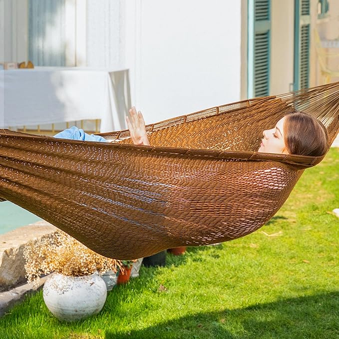 PNAEUT Handwoven Mayan Hammock, Thick Soft Rope Double Hammock for Outdoor Outside & Indoor, 600 lbs Capacity Heavy-Duty, Includes Tree Straps, Carabiners & Carrying Bag (Desert, X-Large)
