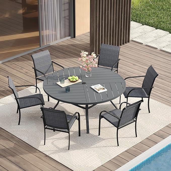 VICLLAX Patio Table and Chair Set of 6, All Weather Metal Round Outdoor Dining Furniture Set-50 Round Outdoor Table and Chairs, Grey Tabletop