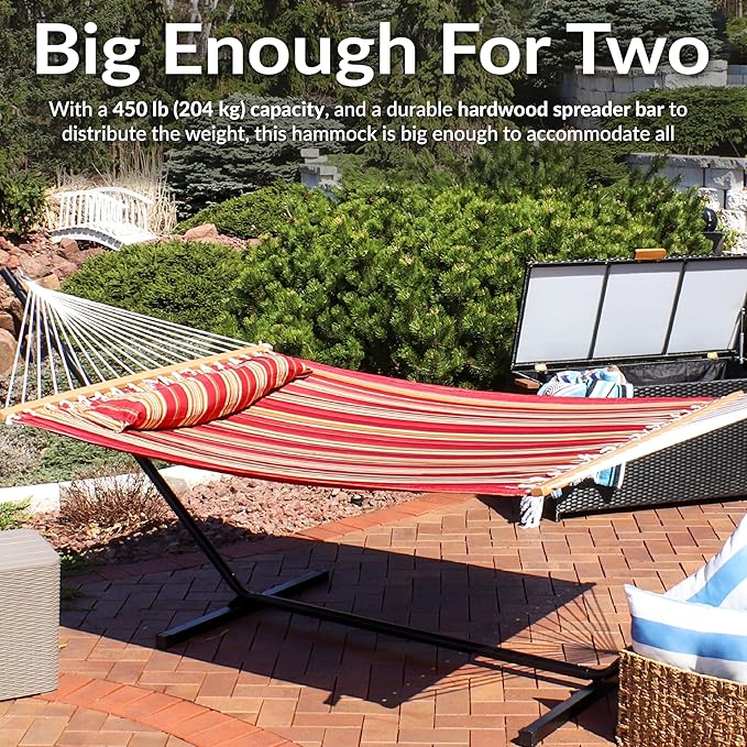 Sunnydaze Quilted Outdoor Hammock with Spreader Bars - Heavy-Duty 450-Pound Capacity Double Hammock for Outside - Red Stripe
