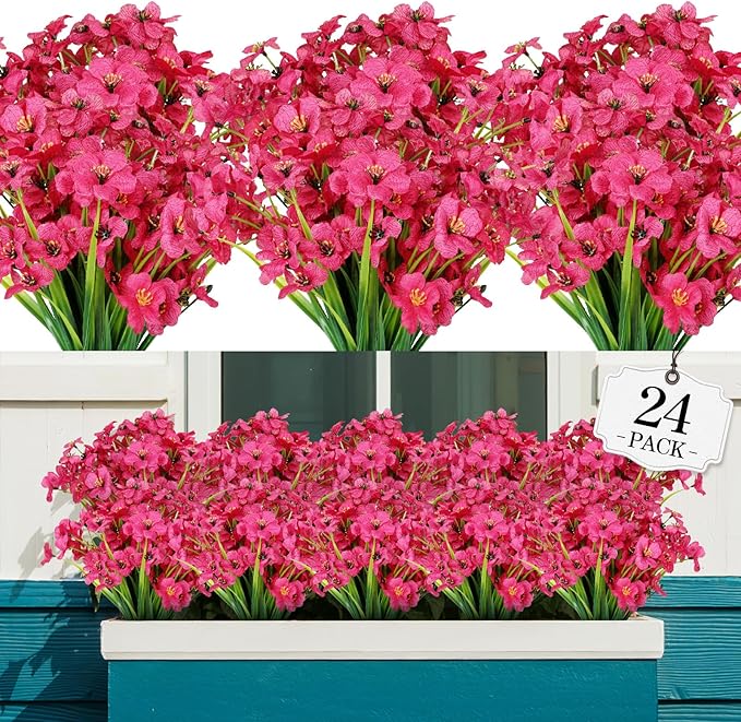 AGIRL 24 Bundles Artificial Flowers for Outdoor,No Fade Fake Plastic Flowers Faux Plants for Decoration Hanging Planters Indoor Outside Garden Porch Window Box Home Wedding Farmhouse