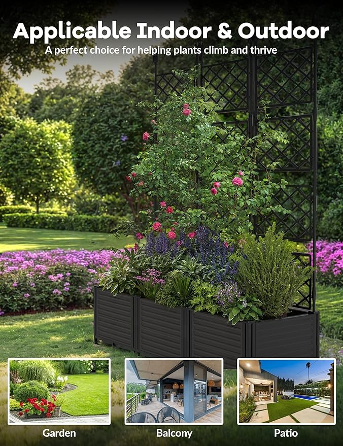 3 PCS Raised Garden Bed with Trellis, 48" LX16 WX63 H Plastic Planter Box for Climbing Plants, Outdoor Vertical Garden with Privacy Screen for Patio, Balcony, Backyard – Sturdy & Lightweight