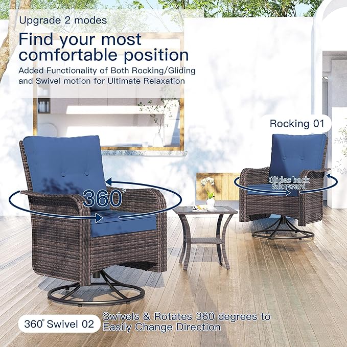 Kullavik 13 Pieces Outdoor Patio Furniture Set,PE Wicker Rattan Sectional Sofa Patio Conversation Sets with 43" 55000BTU Gas Propane Fire Pit Table,Swivel Rocking Chairs Set,Navy Blue
