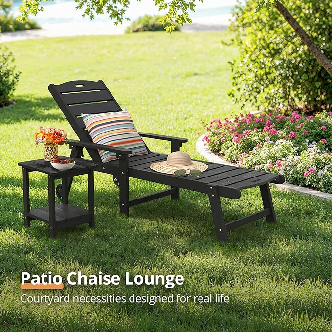 LUE BONA Chaise Lounge Chair with Table, 3-Piece, HDPS Chaise Lounger, 5 Positions Adjustable Lounge Chairs, Pool Lounge Chair with Wheels for Poolside, Backyard, Black