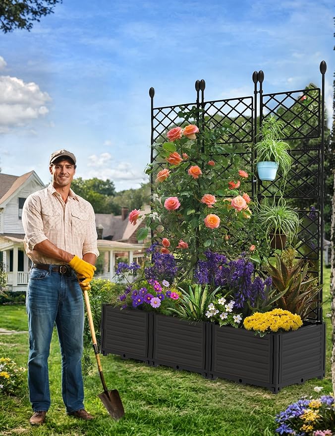 3 PCS Raised Garden Bed with Trellis, 48" LX16 WX63 H Plastic Planter Box for Climbing Plants, Outdoor Vertical Garden with Privacy Screen for Patio, Balcony, Backyard – Sturdy & Lightweight