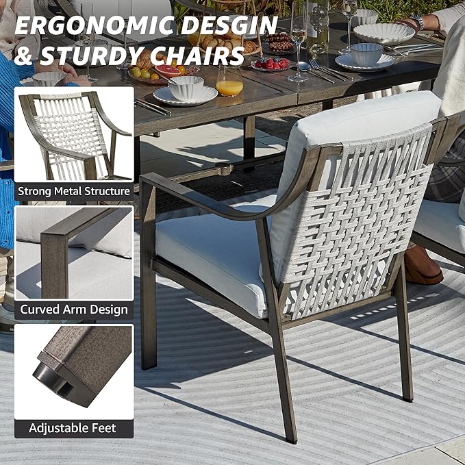 NATURAL EXPRESSIONS 7 Piece Patio Dining Table Outdoor Furniture Set for 6, 6Pcs Fixed Dining Chairs with Olefin Cushions, 65”Large Dining Table with Umbrella Hole