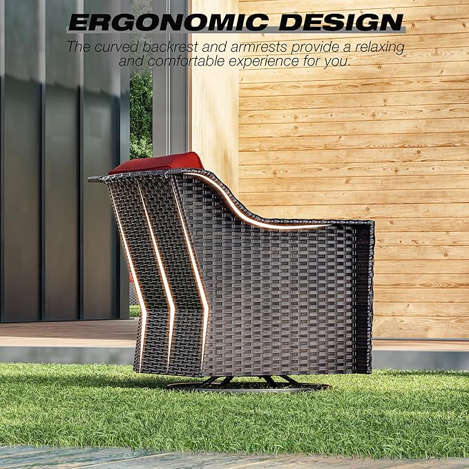 Joyside Wicker Patio Furniture Sets, 8 Pieces Upgraded Large Size Outdoor Furniture with 4 Swivel Rocking Patio Chairs, 3-Seat Sofa, Fire Table, Coffee Table, Thick Cushions, Wide Armrest, Red