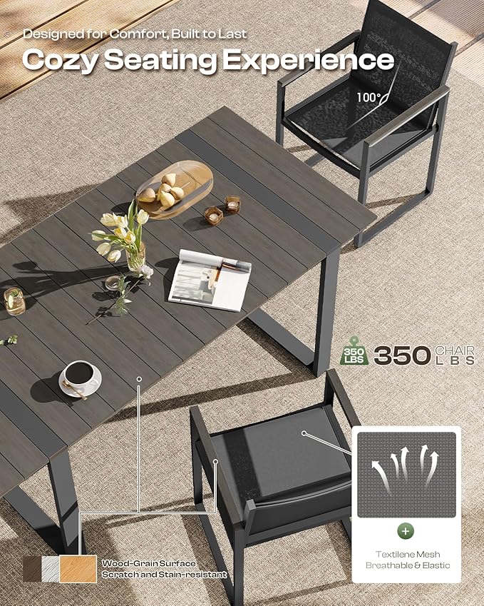 Outdoor Dining Set, HDPS + Aluminum Patio Table and Chairs Set with U-Shaped Base, 7 Piece Outdoor Furniture Set with Umbrella Hole, Patio Dining Table Set for Garden, Backyard (Charcoal)