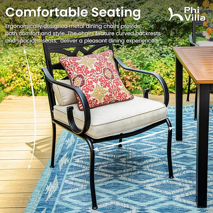 PHI VILLA 7 Pieces Outdoor Dining Set for 6, 54" Round Black Metal Table with Umbrella Hole & Wrought Iron Chairs, Rustproof Large Outside Furniture with Cushions & Pillows for Patio, Deck, Porch