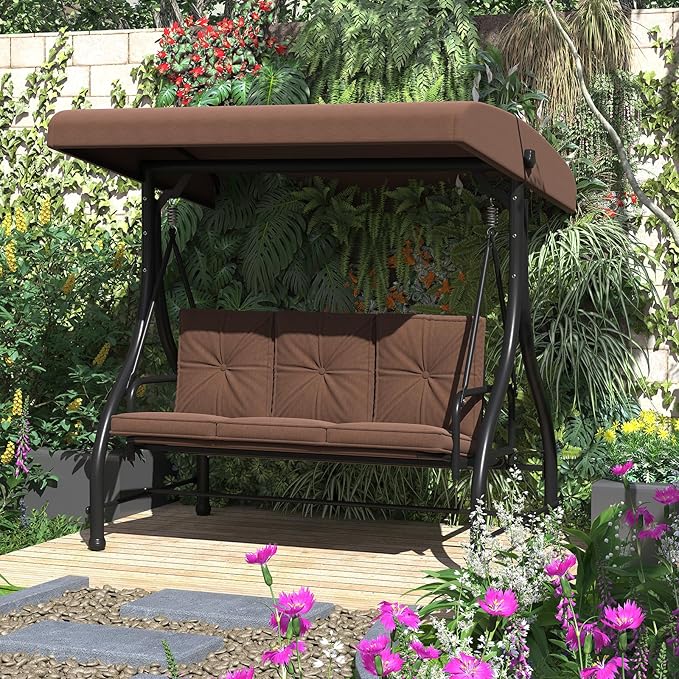 U-MAX Porch Swing Chair with Adjustable Backrest&Canopy, 3 Seat Patio Swing with Canopy 2-in-1 Convertible Outdoor Swing with Canopy Patio Daybed with Removable Brown Cushions for Adults