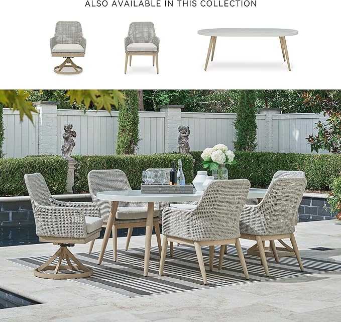 Signature Design by Ashley Seton Creek Casual Aluminum Outdoor Dining Table with Umbrella Hole and Cover Cap, White & Light Brown