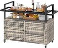 DWVO XXL Patio Storage Cabinet,Outdoor Bar Cart with Glass Top,Outdoor Storage Cabinet with Wheels for Patio, Poolside and Backyard, Grey