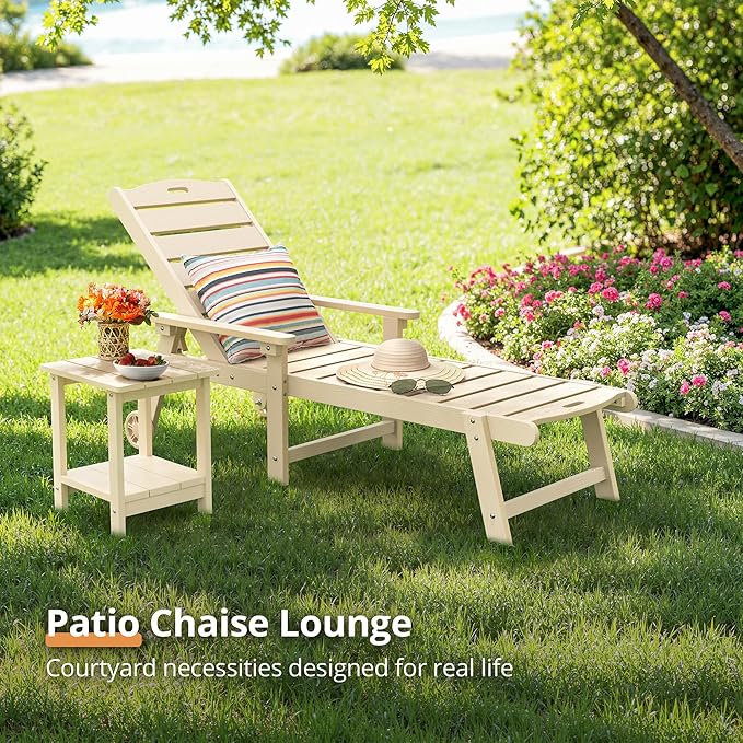 LUE BONA Chaise Lounge Chairs Set with Table, 3-Piece, 79'' Oversized HDPS Material, 5 Positions Adjustable Patio Lounge Chairs, Pool Lounge Chair with Wheels for Poolside, 3-Year Warranty, Sand