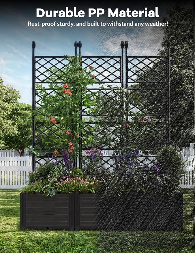 3 PCS Raised Garden Bed with Trellis, 48" LX16 WX63 H Plastic Planter Box for Climbing Plants, Outdoor Vertical Garden with Privacy Screen for Patio, Balcony, Backyard – Sturdy & Lightweight