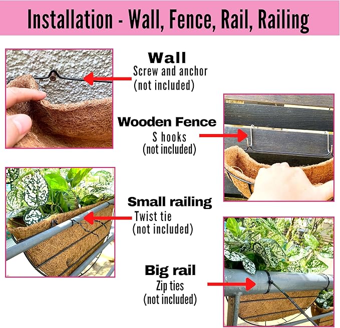 LaLaGreen Wall Hanging Planter, 2 Pack, 12 Inch Wall Mounted Flower Basket with Coco Liner for Outdoor Plants, Black Metal Wire Rail Herb Pot Holder Fence Railing Deck Porch Balcony Garden Patio Decor