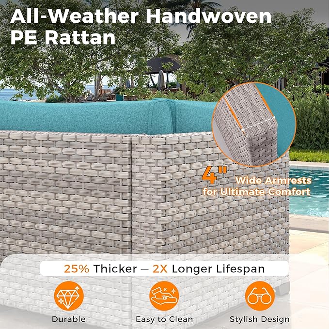 10-Seat Modern Patio Furniture Set with Swivel Rocking Chairs, Thick 4″ Cushions, Dual-Strand Wicker Rattan, Rust-Resistant Steel Frame – Outdoor Conversation & Modular Sectional,Blue