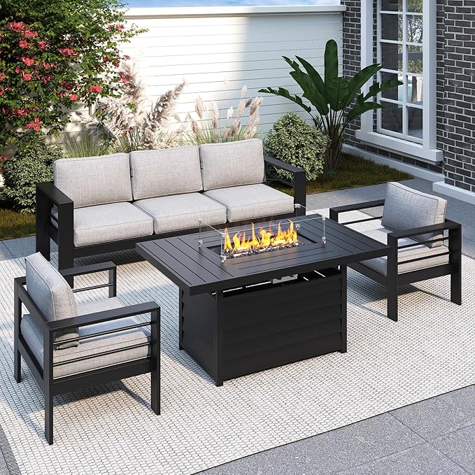 Solaste Aluminum Patio Furniture Set with Fire Pit Table, 4 Piece Metal Outdoor Furniture with Water-Resistant Cushions, Modern Patio Conversation Set for Backyard,Black Frame and Grey Cushion