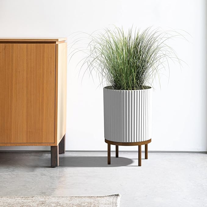 Veradek Demi Series Round Planter w/ Stand for Porch/Patio | Durable Plastic-Concrete & Wooden Stand | Modern Décor for Tall Plants, Flowers