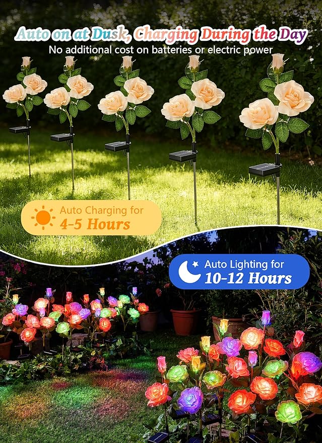 Brightown Outdoor Solar Flower Lights, 4 Pack 7-Color Changing Solar Garden Lights with Larger & More Realistic Rose, Bigger Solar Panel, Waterproof Solar Lights for Yard Garden Lawn Pathway Decor