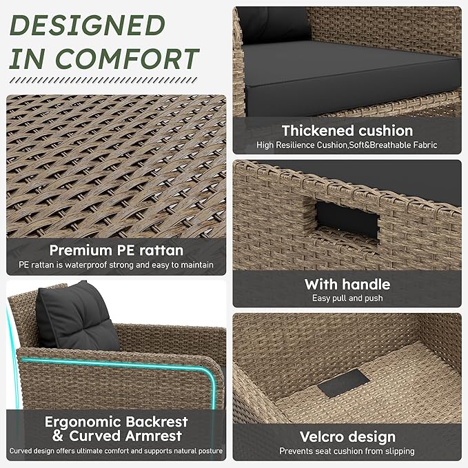 LHBcraft Outdoor Furniture 5 Piece Patio Conversation Set, PE Rattan Patio Set with Soft Cushions & Coffee Table, Outside Furniture with Hidden Ottoman for Porch, Lawn, Garden, Balcony, Black