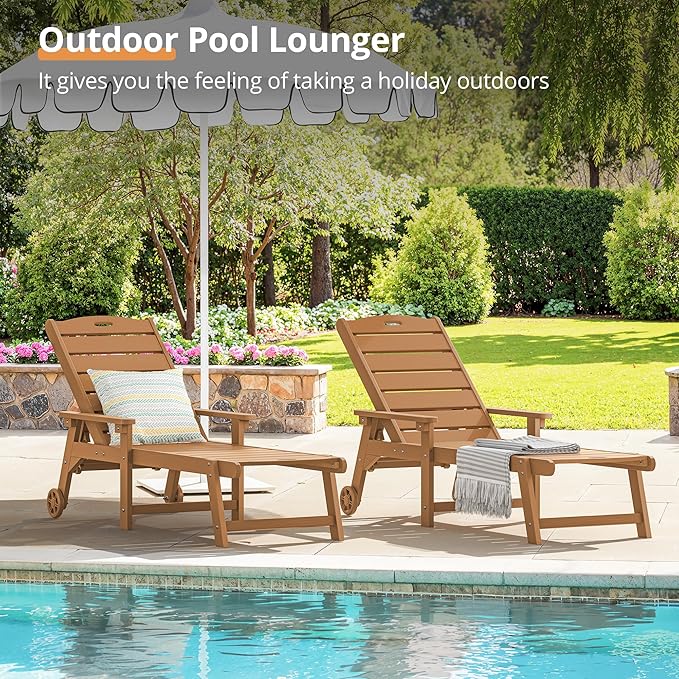 LUE BONA Chaise Lounge Chair with Table, 6-Piece, HDPS Chaise Lounger, 5 Positions Adjustable Lounge Chairs, Pool Lounge Chair with Wheels for Poolside, Backyard, Teak Color