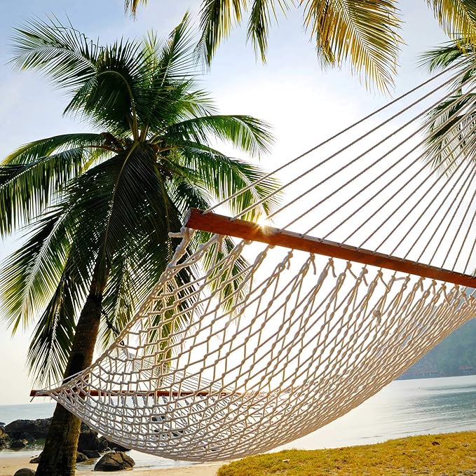 Castaway Living 13 ft. Double Traditional Hand Woven Cotton Rope Hammock – 2-Person, 450 lb Capacity, Free Extension Chains & Tree Hooks, Designed in The USA