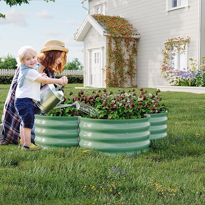 GarveeLife 2-Pack Galvanized Raised Garden Bed – Rust-Resistant Petal-Shaped Outdoor Planter Box with Open Base for Herbs, Veggies & Flowers, Ground-Connected Design for Deep Root Growth,Green