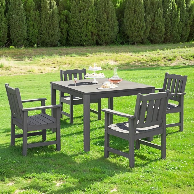 Stoog All-Weather Patio Dining Table for 4, HIPS & Aluminum Frame Outdoor Dining Table with Umbrella Hole, for Garden, Backyard and Lawn, Grey