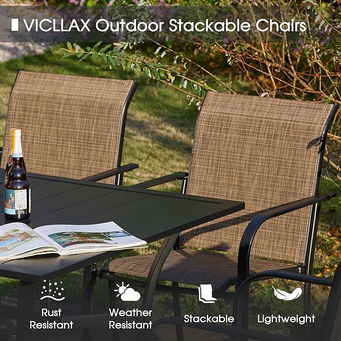VICLLAX Patio Table and Chair Set of 4, All Weather Metal Round Outdoor Dining Furniture Set-40.6" Round Outdoor Table and Chairs, Walnut Wood Grain Tabletop