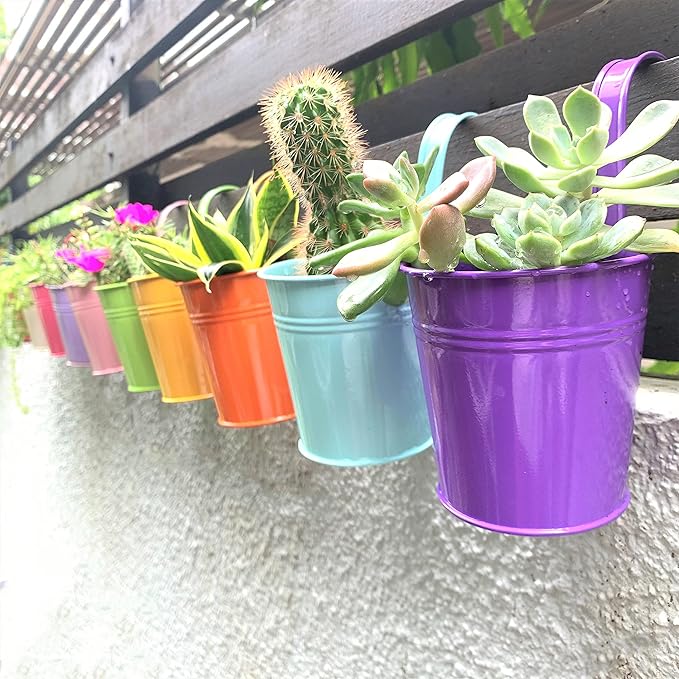 LaLaGreen Small Hanging Planters Outdoor - 10 Pack, 4 Inch Rainbow Planter Colorful Flower Pots Metal Iron, Rail Balcony Garden Deck Railing Plant Hanger Fence Wall, Herb Bucket Indoor Window Boxes