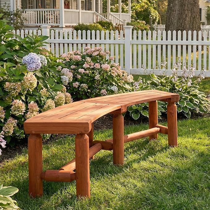 Outdoor Wooden Curved Backless Porch Bench Rustic Style Cedar/Fir Wood Log Fire Pit Bench for Patio Garden Deck and Backyard, 40"-54.7" W×13" D×16.5" H, Brown